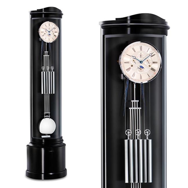 Kieninger Standuhr mit runder Glastür in Schleiflack schwarz - ein Eyecatcher