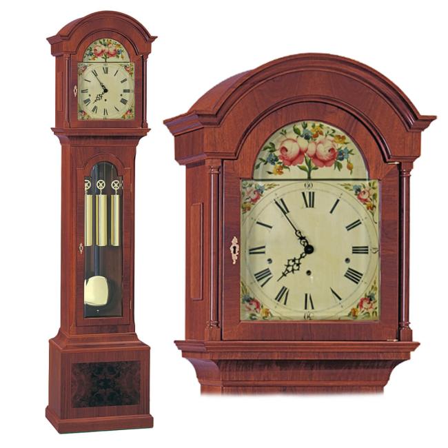 Kieninger English style grandfather clock mahogany with pyramid veneer and maple inlays